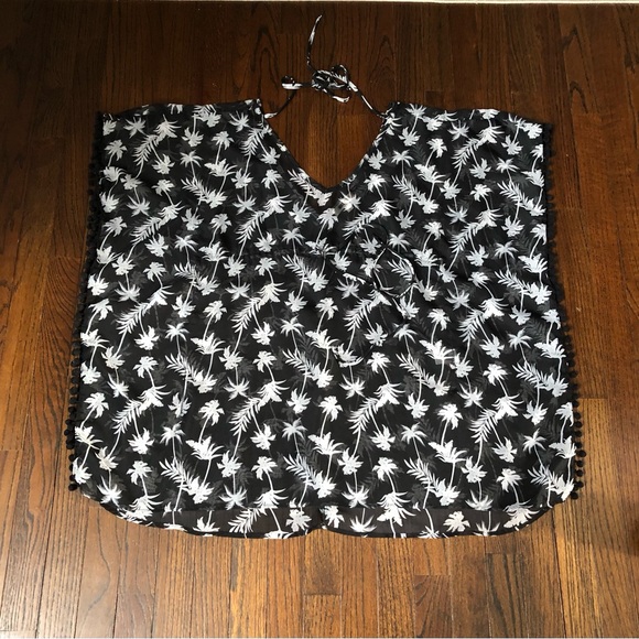 Miken Other - Miken Swim Women’s XS Black/White Sheer Kimono V-Neck Palm Tree Swim Cover-Up